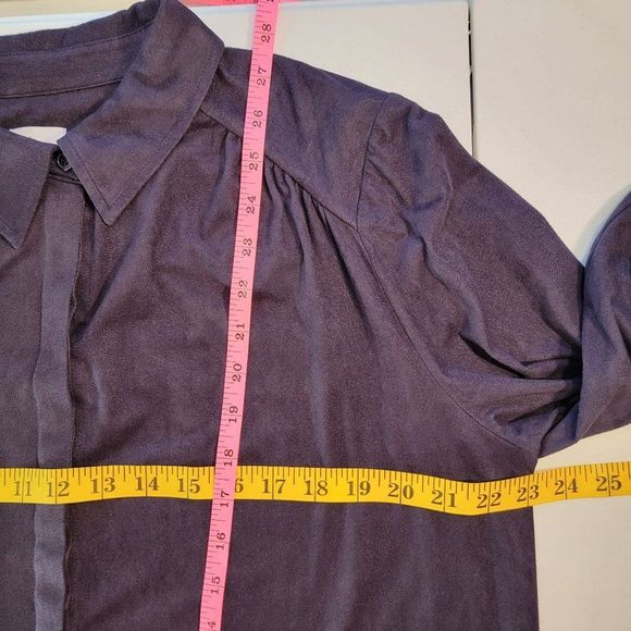 Chicos Reza Faux Suede Blouse Velour Button Top Purple L Eggplant Purpleology - Picture 13 of 15